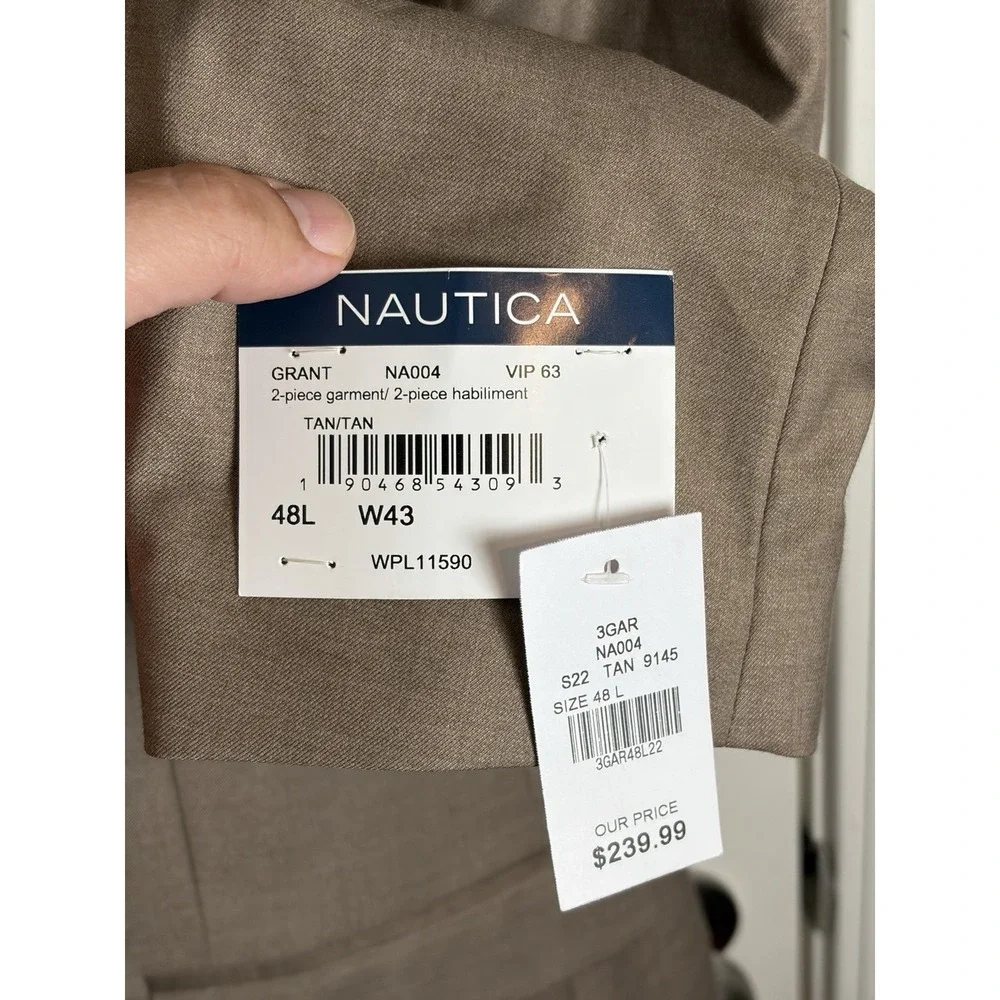 NWT!! $239 Nautica Mens 2-Piece Modern Fit Active Stretch Solid Suit Tan 48L 43W